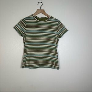 EDDIE BAUER Granola Boho Striped Green and White Women's M Cotton Crewneck Top